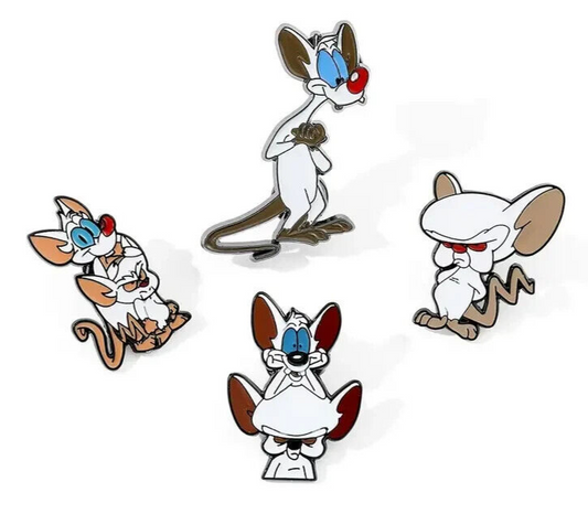 PINKY & THE BRAIN PIN SET (4pcs) 90's Cartoon Toon Gift Enamel Lapel Brooch Lot