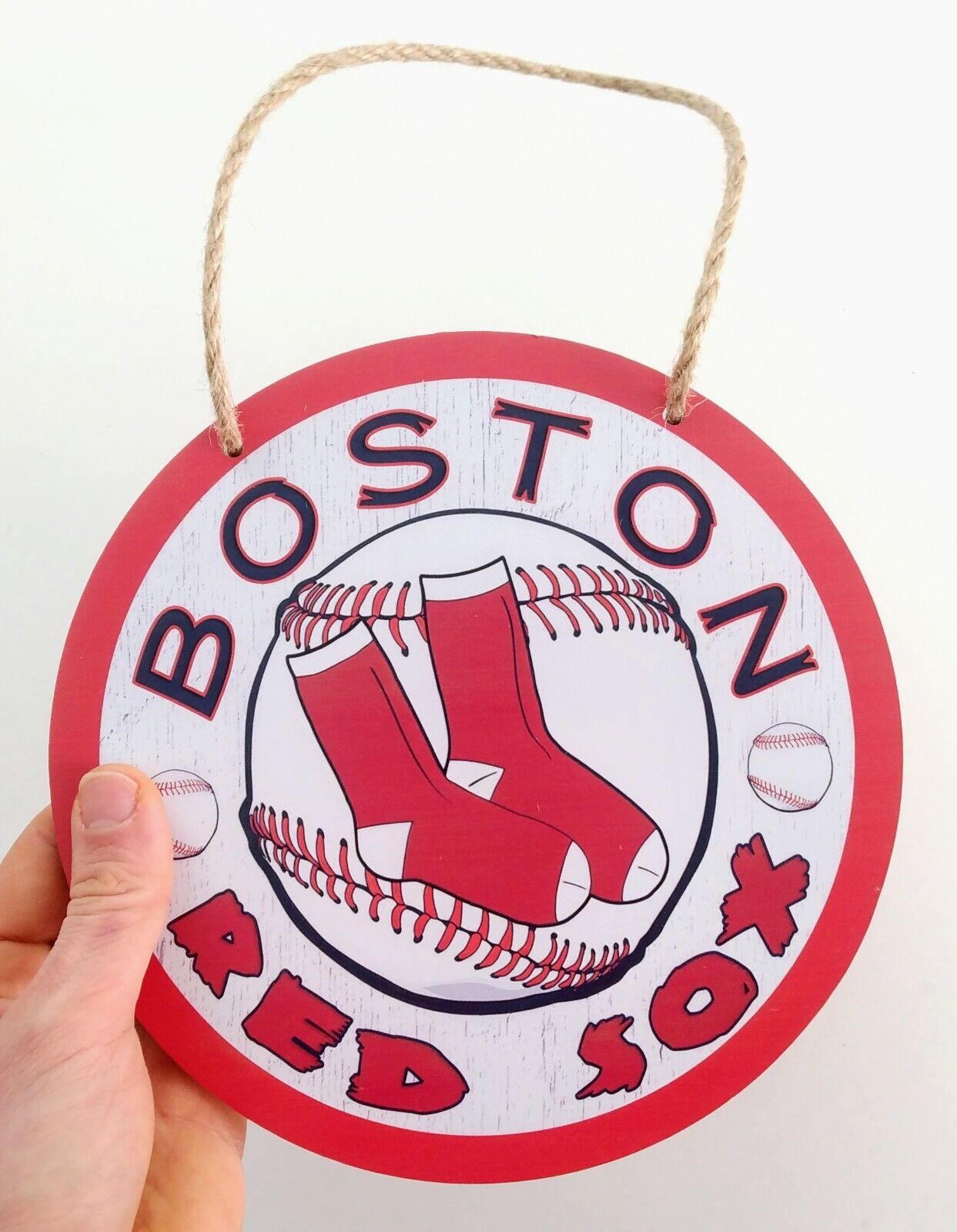 BOSTON RED SOX WOODEN SIGN 8"x8" Circular Hanging Wall Team Logo Decal & Rope