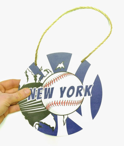 NEW YORK YANKEES WOODEN SIGN 7.75" Circular Hanging Wall NYY Logo Decal & Rope