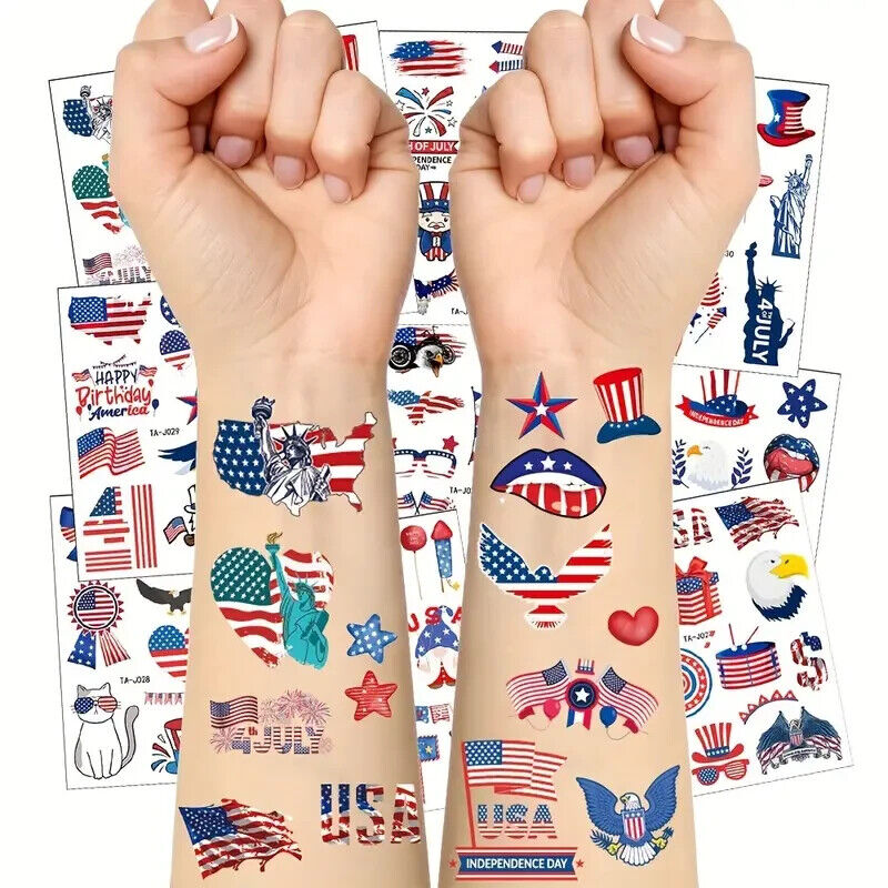 PATRIOTIC TEMPORARY TATTOOS (x10) Ten Sheets USA American Flag Fourth of July