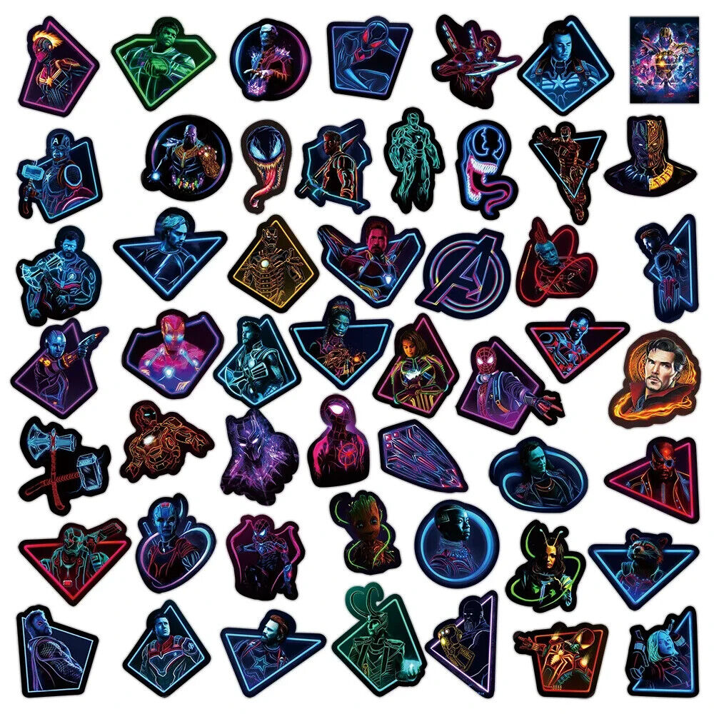 THE AVENGERS NEON LIGHT STICKERS (50pcs) Fifty Unique Die-Cut Marvel Decal