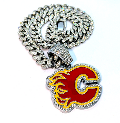 CALGARY FLAMES GEM NECKLACE Silver Bling NHL Hockey Hip Hop Pendant & 20" Chain