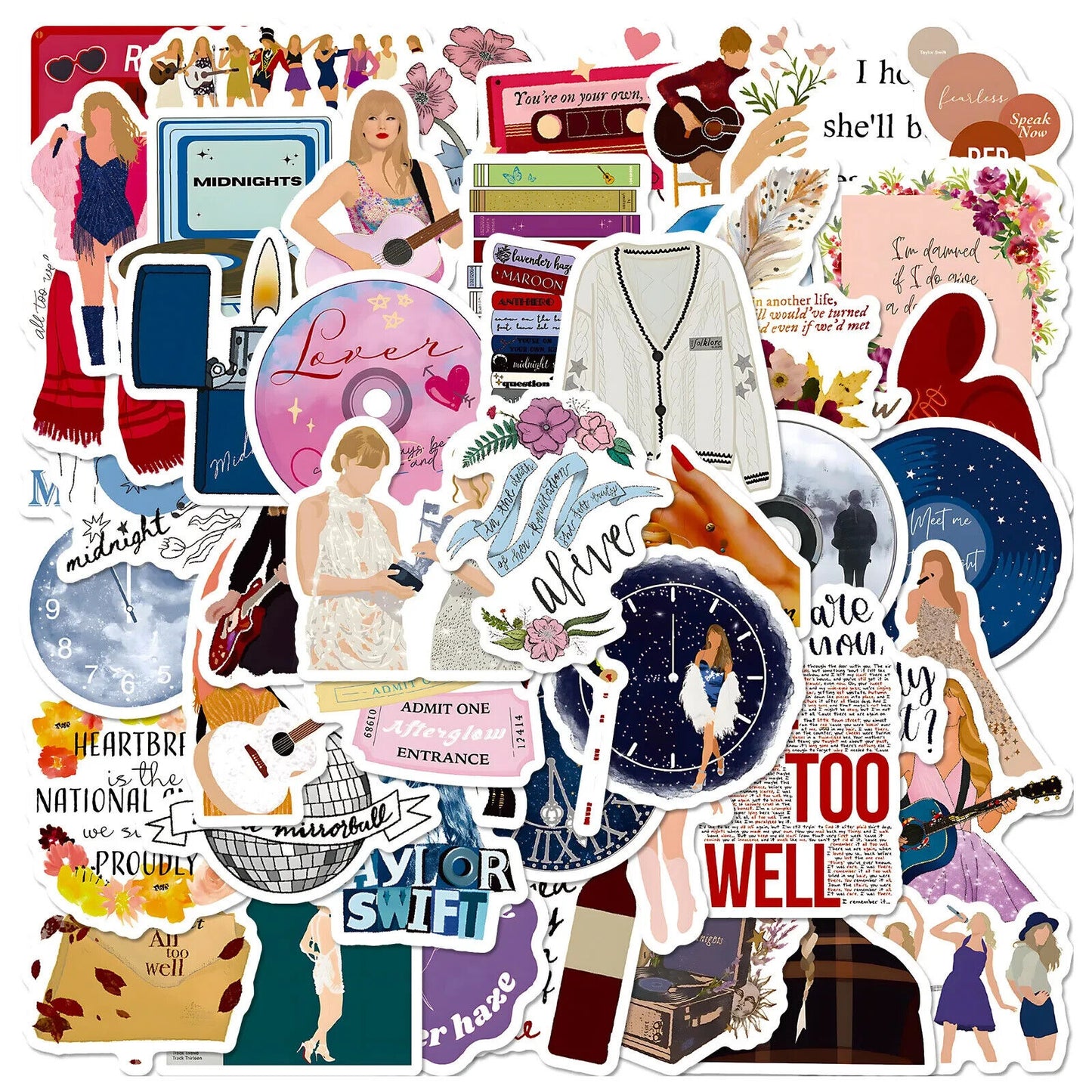 TAYLOR SWIFT STICKERS (50pcs) Fifty Unique Die-Cut Illustrated Music Gift Decal