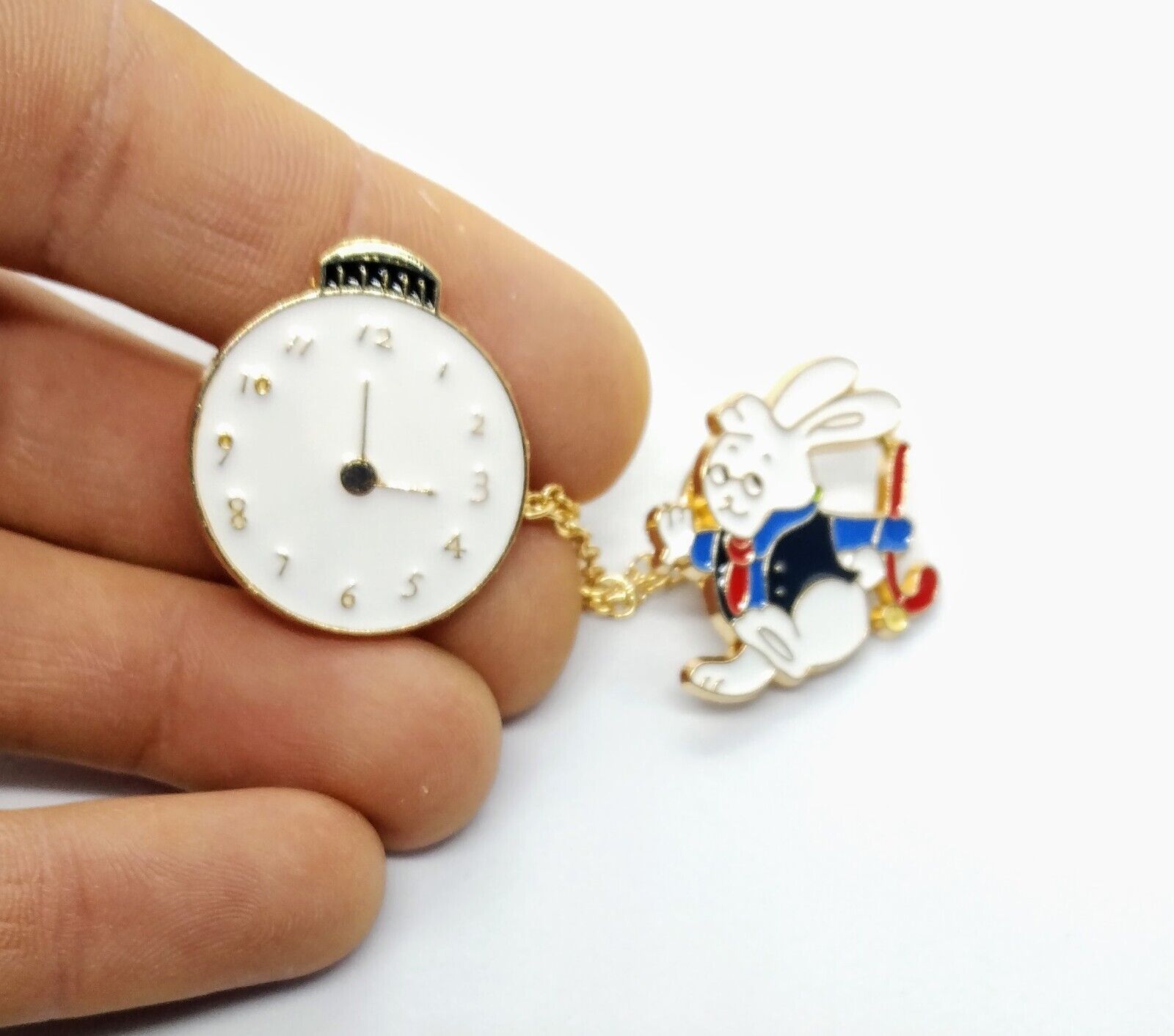 WHITE RABBIT PIN Alice in Wonderland Chain Timepiece Gift Enamel Lapel Brooch