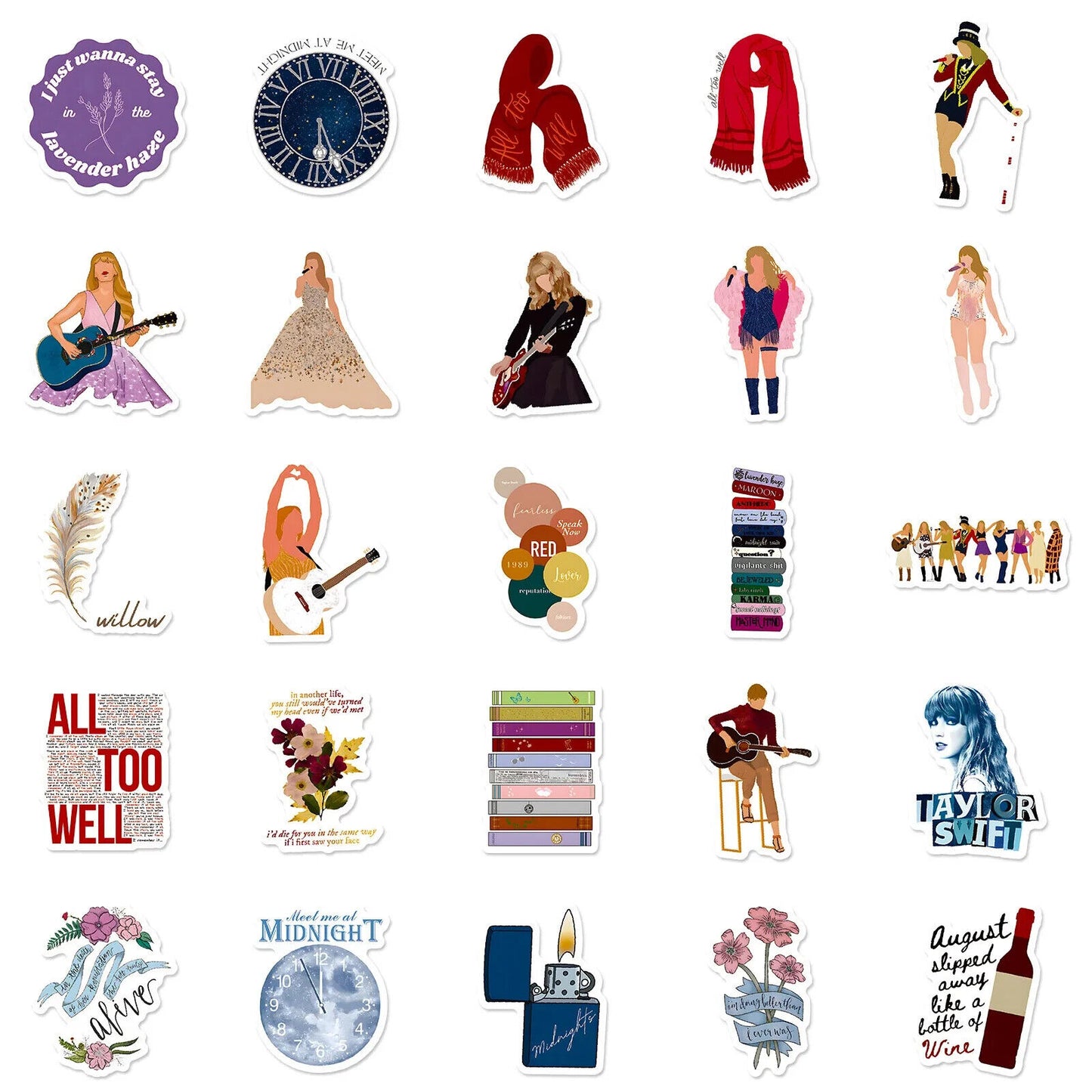 TAYLOR SWIFT STICKERS (50pcs) Fifty Unique Die-Cut Illustrated Music Gift Decal