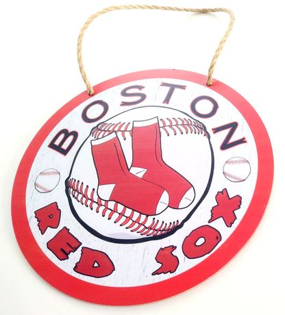 BOSTON RED SOX WOODEN SIGN 8"x8" Circular Hanging Wall Team Logo Decal & Rope