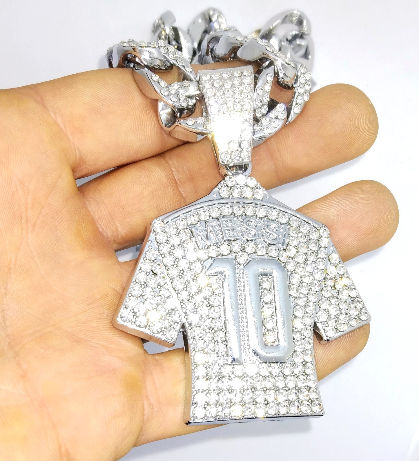 LIONEL MESSI GEM NECKLACE #10 Soccer/Football Silver Bling Jersey & 20" Chain