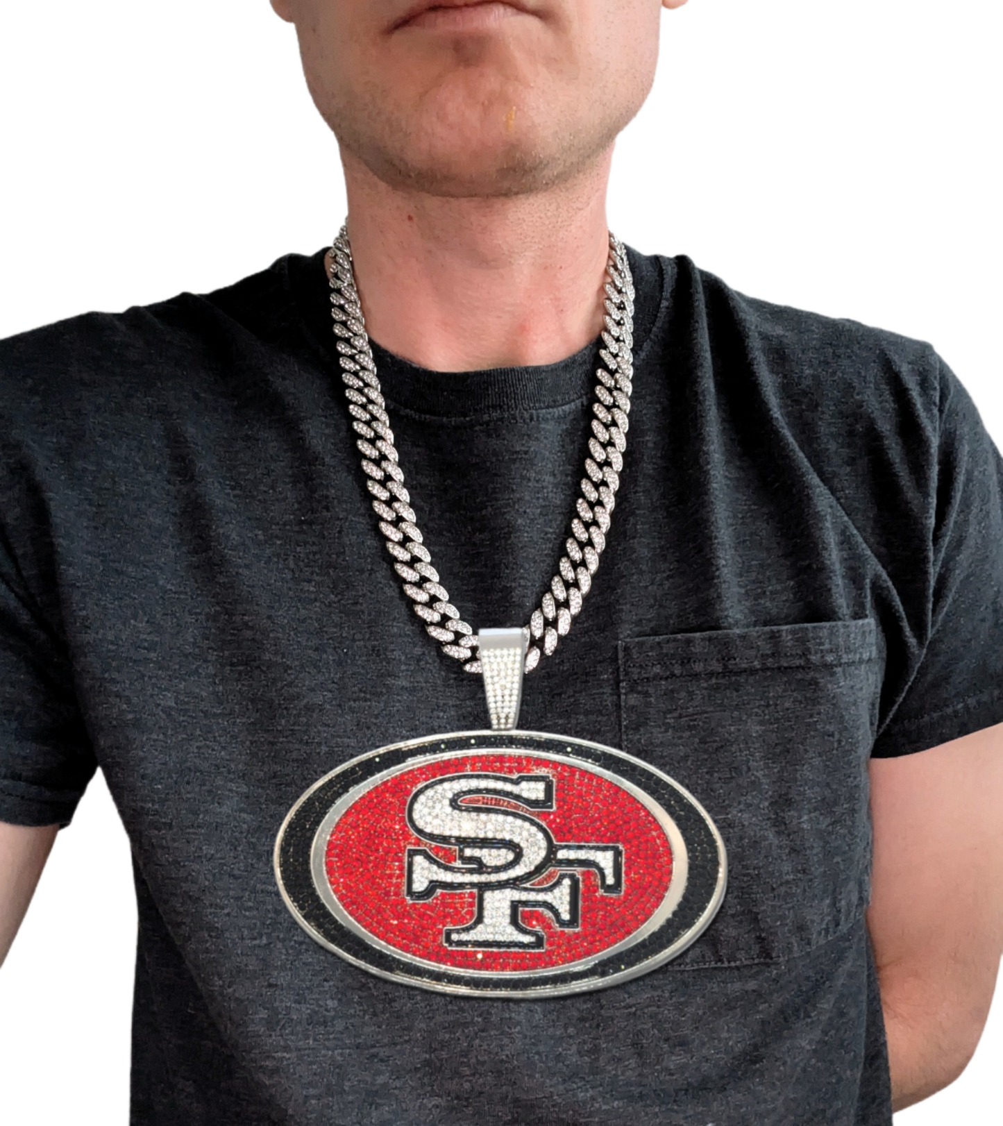 SAN FRANCISCO 49ERS JUMBO GEM NECKLACE Silver Bling NFL Football Hip Hop XL Pendant & 24" Chain