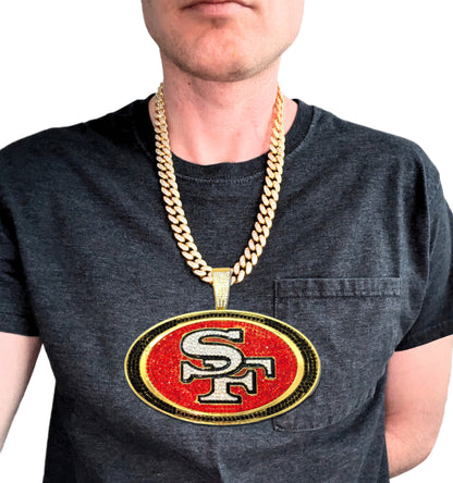 SAN FRANCISCO 49ERS JUMBO GEM NECKLACE Gold Bling NFL Football Hip Hop XL Pendant & 24" Chain