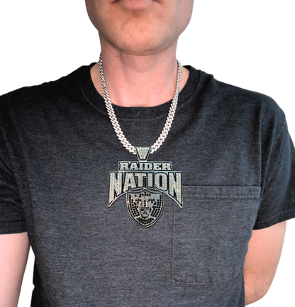 RAIDER NATION GEM NECKLACE Silver Bling NFL Football Hip Hop Las Vegas Raiders Pendant & 24" Chain