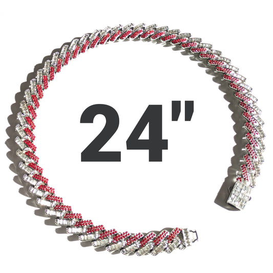 24 INCH - Silver, Red & White 15mm Tilted Gem Link Chain Necklace