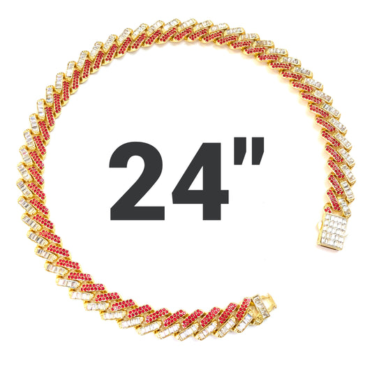 24 INCH - Gold, Red & White 15mm Tilted Gem Link Chain Necklace
