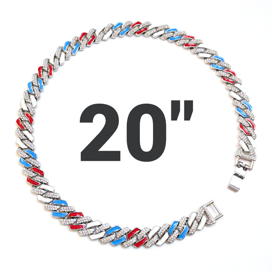 20 INCH - Silver, Red White & Blue 13mm Tilted Gem Link Chain Necklace