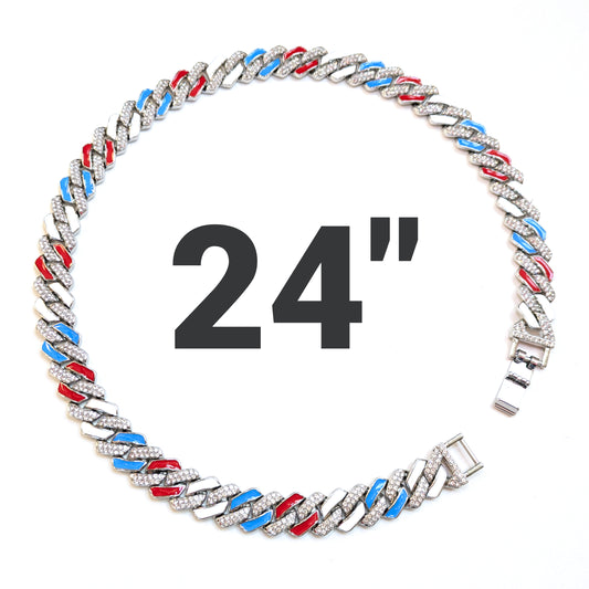 24 INCH - Silver, Red White & Blue 13mm Tilted Gem Link Chain Necklace