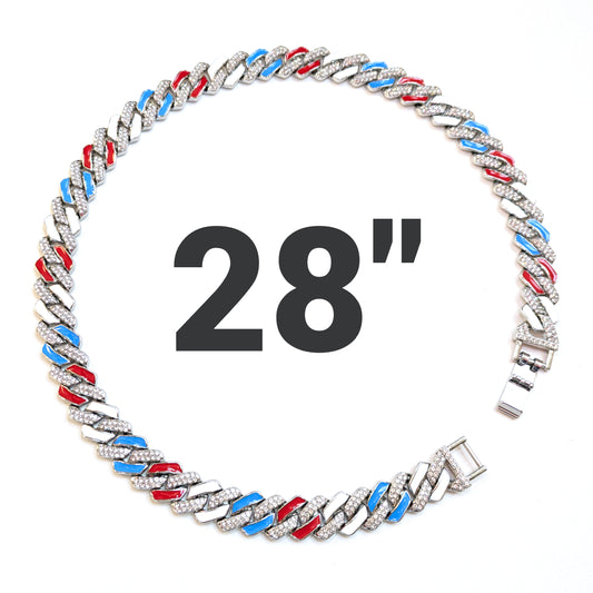 28 INCH - Silver, Red White & Blue 13mm Tilted Gem Link Chain Necklace