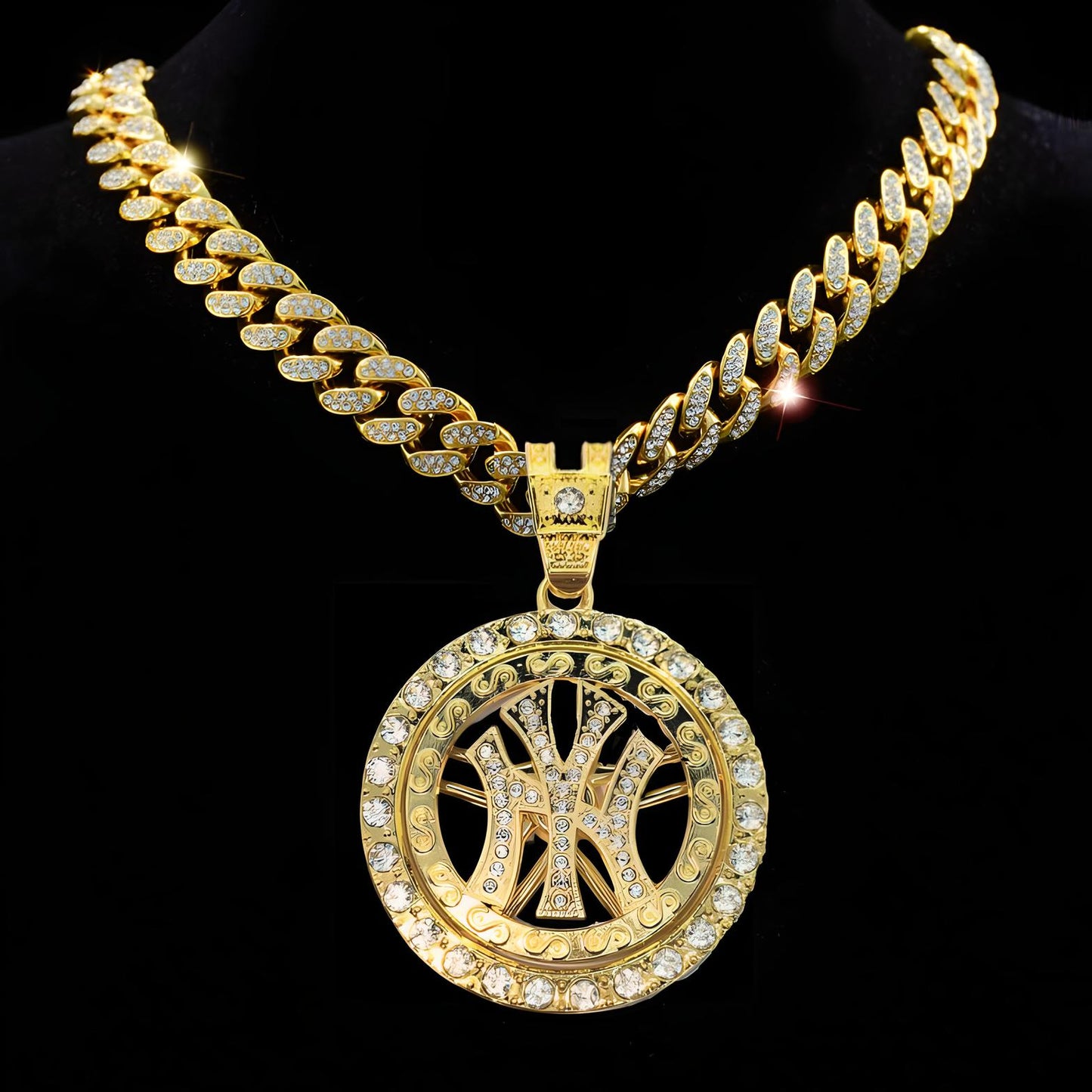 NEW YORK YANKEES GEM NECKLACE Gold Bling MLB Baseball Hip Hop Rotating Pendant & 20"-28" Chain