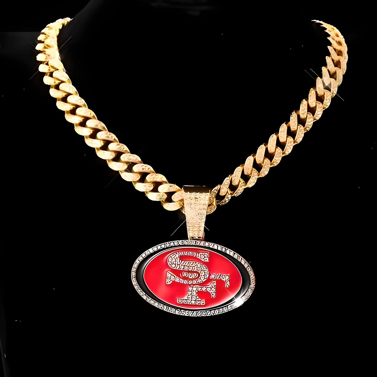 SAN FRANCISCO 49ERS GEM NECKLACE Gold Bling NFL Football Hip Hop Pendant & 20"-28" Chain