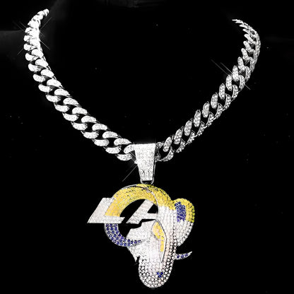 LOS ANGELES RAMS GEM NECKLACE Silver Bling NFL Football Hip Hop Pendant & 20"-28" Chain