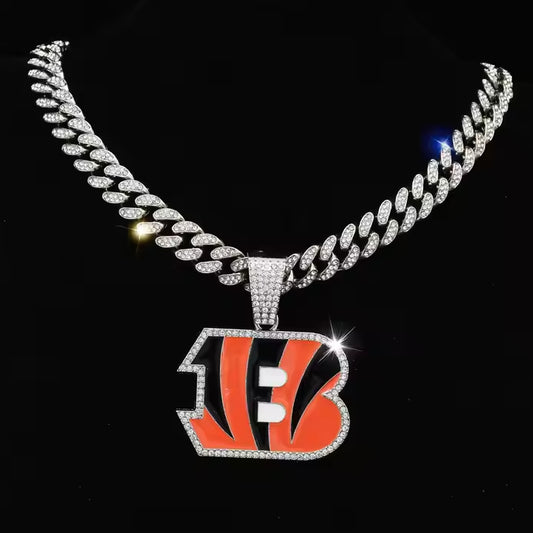 CINCINNATI BENGALS GEM NECKLACE Silver Bling NFL Football Hip Hop Pendant & 20"-28" Chain