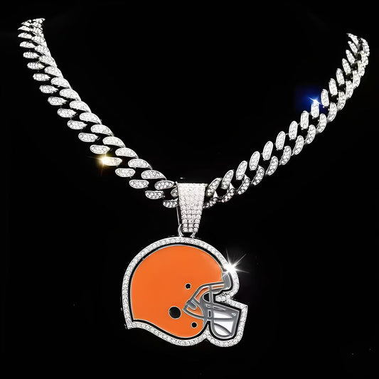 CLEVELAND BROWNS GEM NECKLACE Silver Bling NFL Football Hip Hop Pendant & 20"-28" Chain