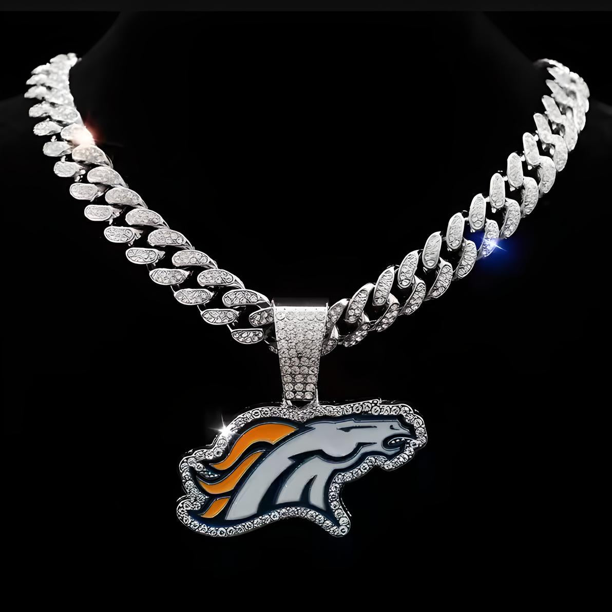 DENVER BRONCOS GEM NECKLACE Silver Bling NFL Football Hip Hop Pendant & 20"-28" Chain