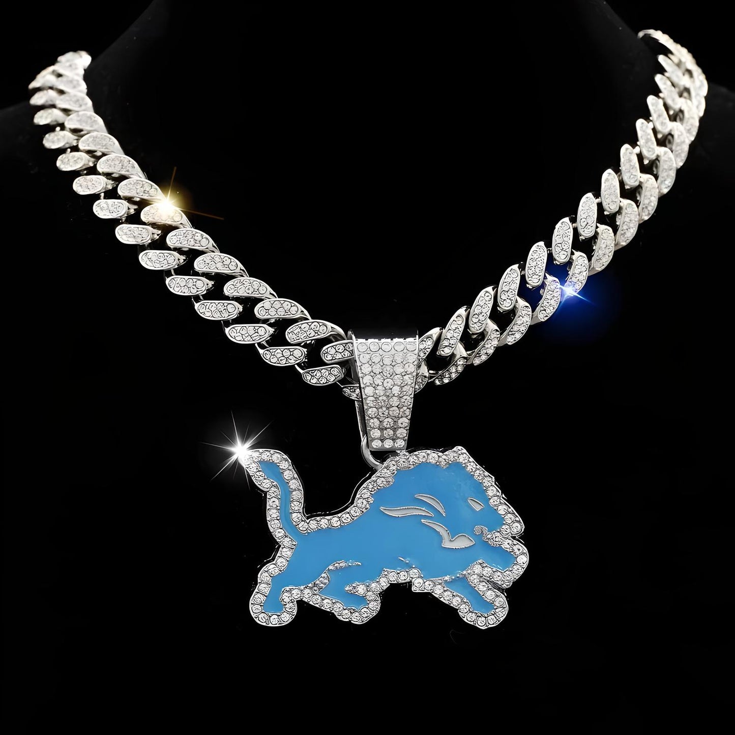 DETROIT LIONS GEM NECKLACE Silver Bling NFL Football Hip Hop Pendant & 20"-28" Chain