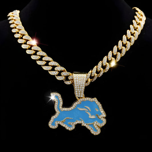 DETROIT LIONS GEM NECKLACE Gold Bling NFL Football Hip Hop Pendant & 20"-28" Chain