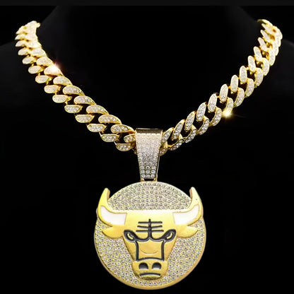 CHICAGO BULLS GEM NECKLACE Gold Bling NBA Basketball Hip Hop Pendant & 20"-28" Chain