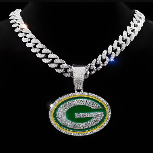 GREEN BAY PACKERS GEM NECKLACE Silver Bling NFL Football Hip Hop Pendant & 20"-28" Chain