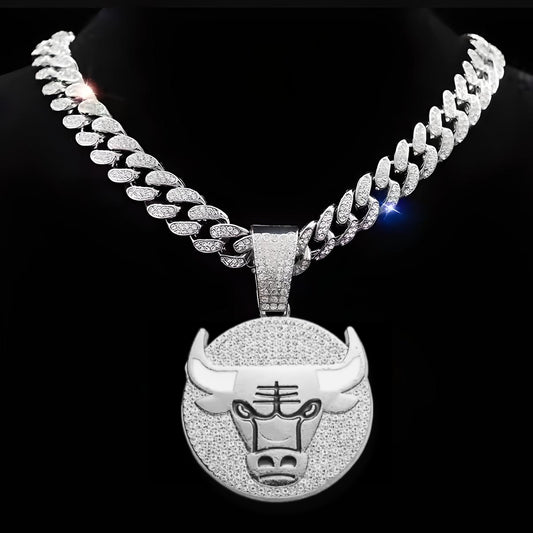 CHICAGO BULLS GEM NECKLACE Silver Bling NBA Basketball Hip Hop Pendant & 20"-28" Chain