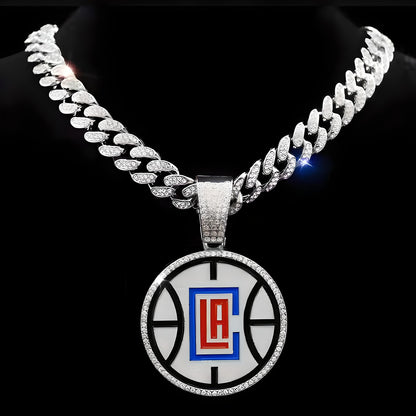 LOS ANGELES CLIPPERS GEM NECKLACE Silver Bling NBA Basketball Hip Hop Pendant & 20"-28" Chain