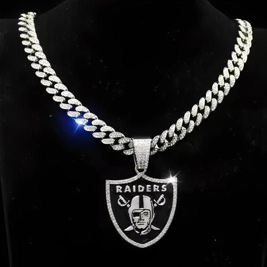 LAS VEGAS RAIDERS GEM NECKLACE Silver Bling NFL Football Hip Hop Pendant & 20"-28" Chain