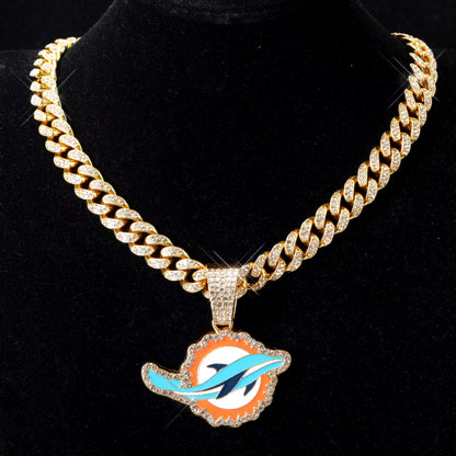 MIAMI DOLPHINS GEM NECKLACE Gold Bling NFL Football Hip Hop Pendant & 20"-28" Chain