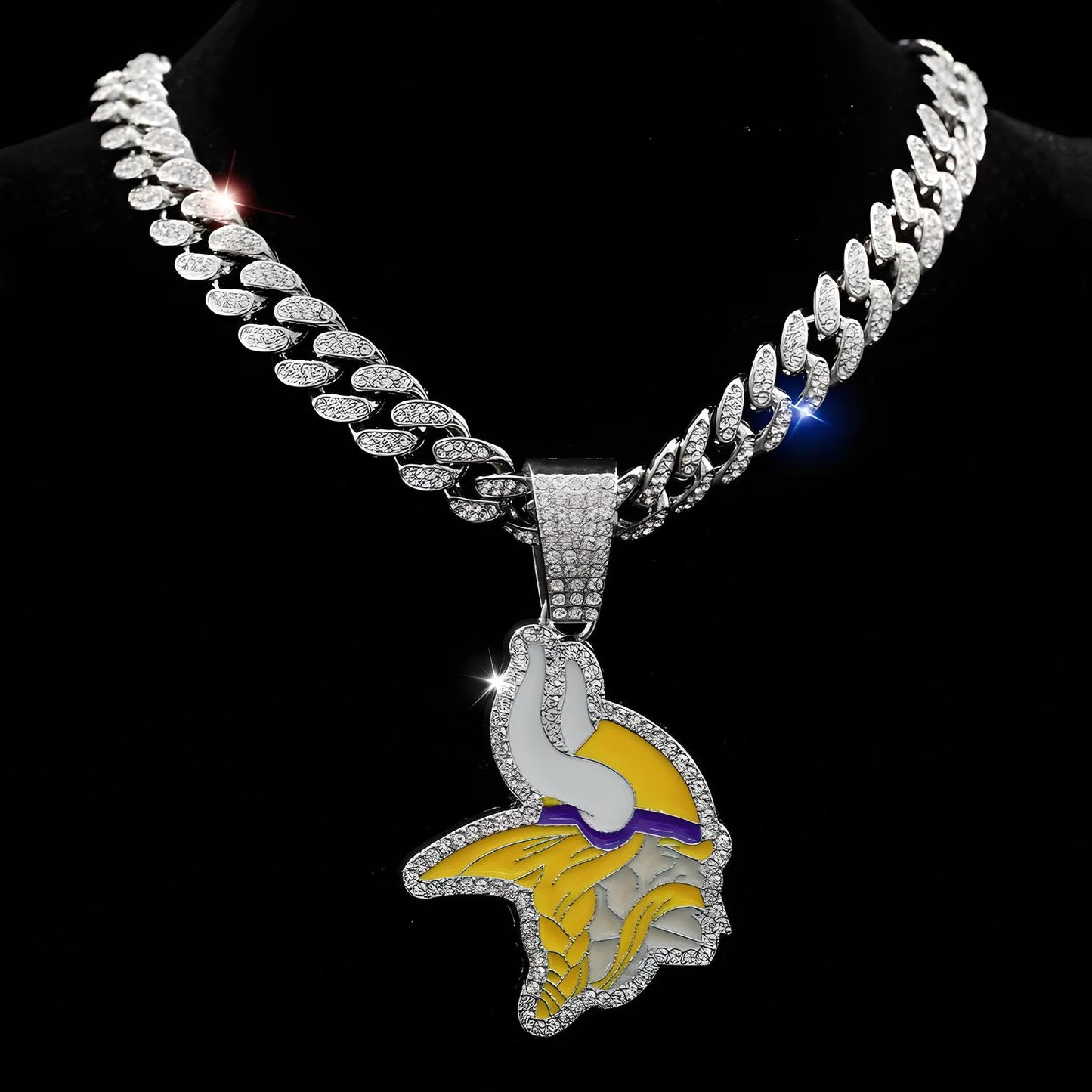 MINNESOTA VIKINGS GEM NECKLACE Silver Bling NFL Football Hip Hop Pendant & 20"-28" Chain