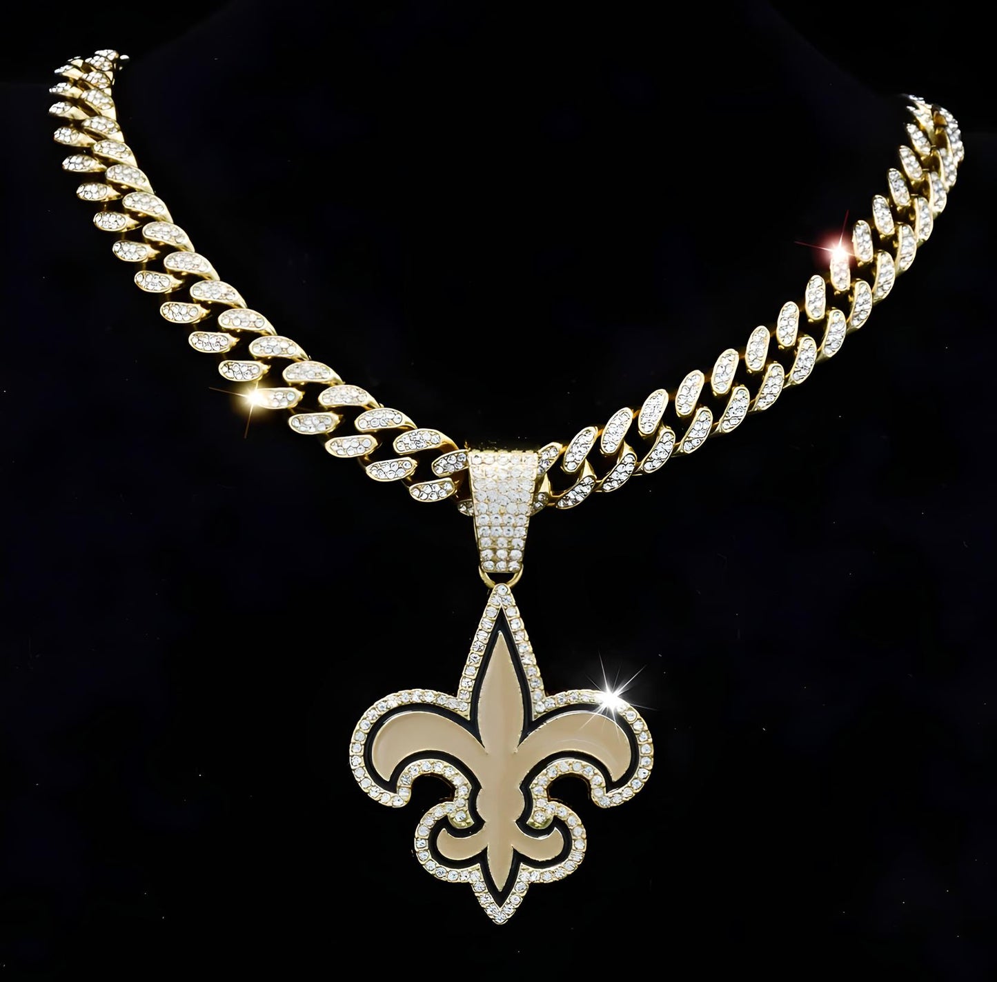 NEW ORLEANS SAINTS GEM NECKLACE Gold Bling NFL Football Hip Hop Pendant & 20"-28" Chain