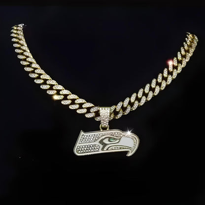 SEATTLE SEAHAWKS GEM NECKLACE Gold Bling NFL Football Hip Hop Pendant & 20"-28" Chain