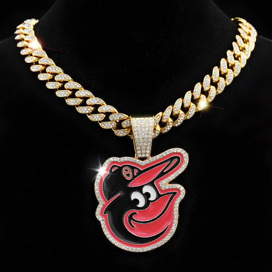 BALTIMORE ORIOLES GEM NECKLACE Gold Bling MLB Baseball Hip Hop Pendant & 20"-28" Chain