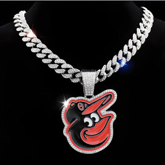 BALTIMORE ORIOLES GEM NECKLACE Silver Bling MLB Baseball Hip Hop Pendant & 20"-28" Chain