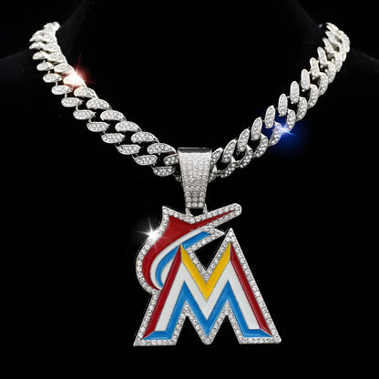 MIAMI MARLINS GEM NECKLACE Silver Bling MLB Baseball Hip Hop Pendant & 20"-28" Chain