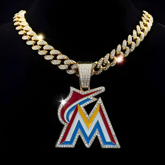 MIAMI MARLINS GEM NECKLACE Gold Bling MLB Baseball Hip Hop Pendant & 20"-28" Chain