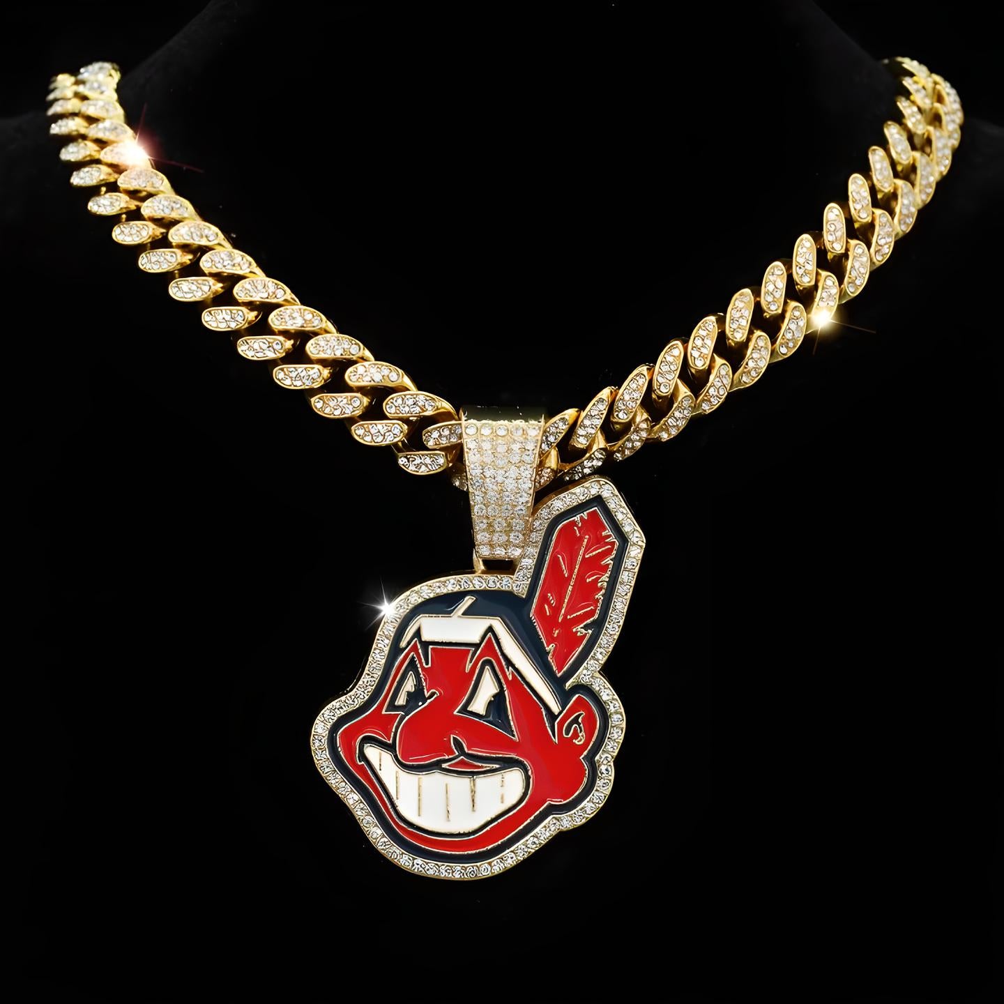 CLEVELAND INDIANS GEM NECKLACE Gold Bling MLB Baseball Hip Hop Pendant & 20"-28" Chain