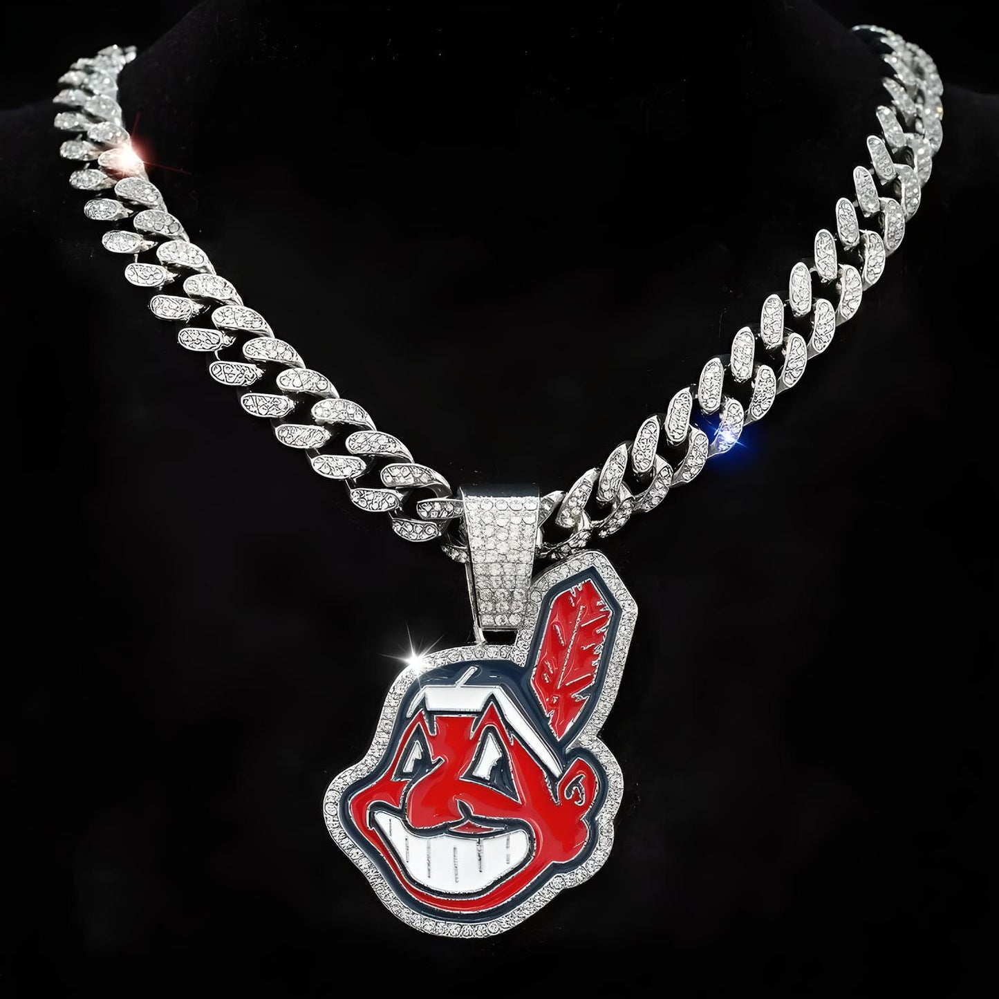 CLEVELAND INDIANS GEM NECKLACE Silver Bling MLB Baseball Hip Hop Pendant & 20"-28" Chain