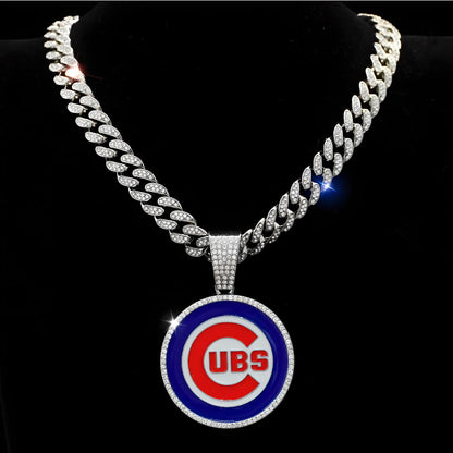 CHICAGO CUBS GEM NECKLACE Silver Bling MLB Baseball Hip Hop Pendant & 20"-28" Chain