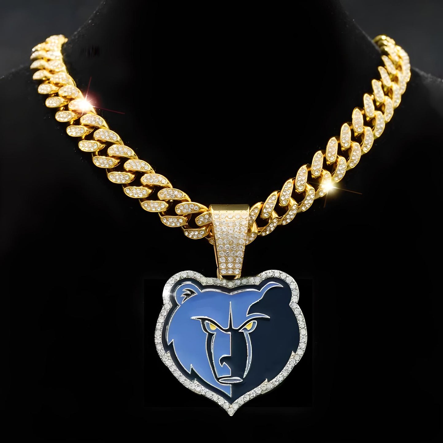 MEMPHIS GRIZZLIES GEM NECKLACE Gold Bling NBA Basketball Hip Hop Pendant & 20"-28" Chain