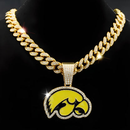 IOWA HAWKEYES GEM NECKLACE Gold Bling NCAA University Hip Hop Pendant & 20"-28" Chain