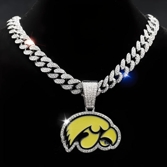 IOWA HAWKEYES GEM NECKLACE Silver Bling NCAA University Hip Hop Pendant & 20"-28" Chain