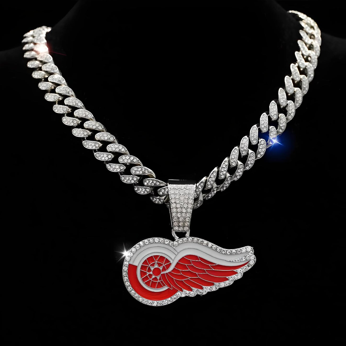 DETROIT RED WINGS GEM NECKLACE Silver Bling NHL Hockey Hip Hop Pendant & 20"-28" Chain