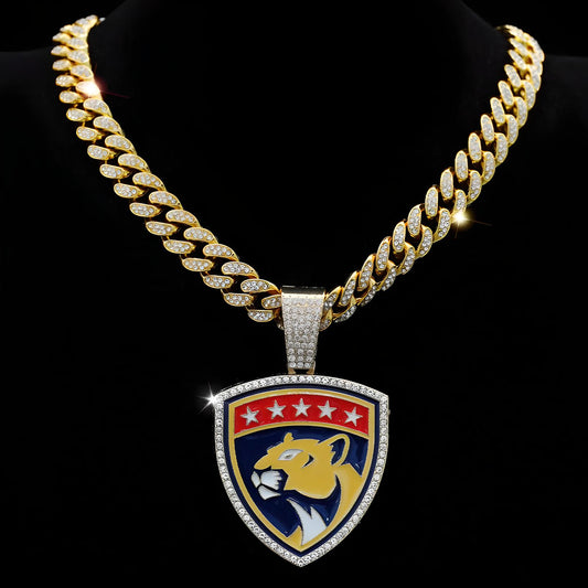 FLORIDA PANTHERS GEM NECKLACE Gold Bling NHL Hockey Hip Hop Pendant & 20"-28" Chain