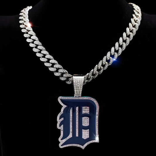 DETROIT TIGERS GEM NECKLACE Silver Bling MLB Baseball Hip Hop Pendant & 20"-28" Chain