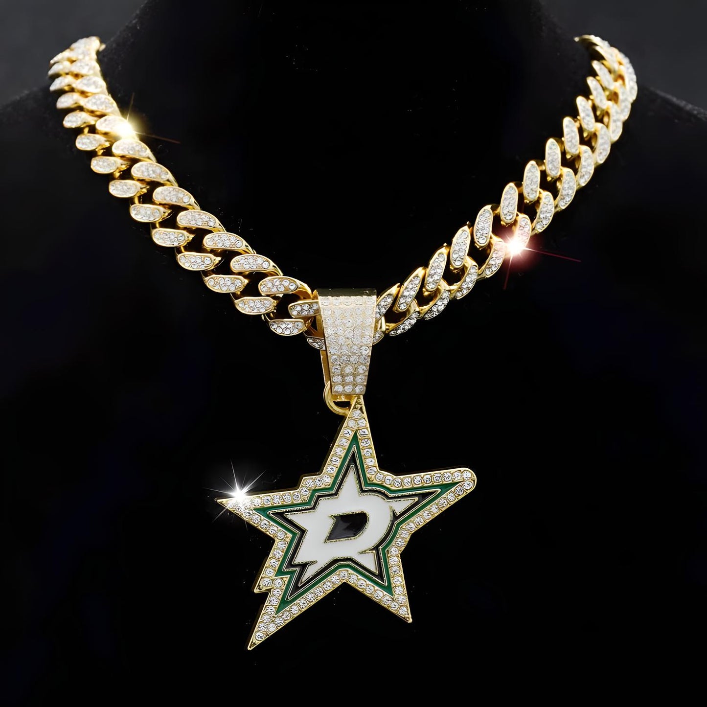 DALLAS STARS GEM NECKLACE Gold Bling NHL Hockey Hip Hop Pendant & 20"-28" Chain